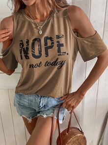 SHEIN LUNE Slogan Graphic Cold Shoulder Tee - Khaki - View 6