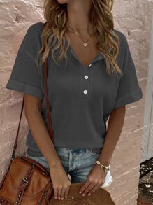 半排扣落肩T恤 - 深灰色 - 查看 1