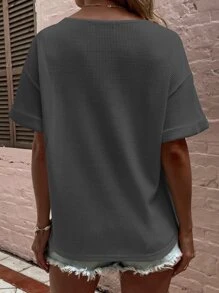 半排扣落肩T恤 - 深灰色 - 查看 2