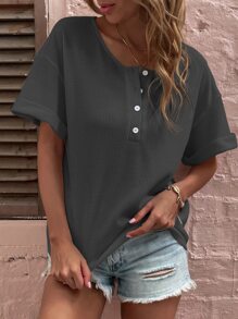 半排扣落肩T恤 - 深灰色 - 查看 5