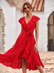 Breezaya Solid Ruffle Trim Belted Wrap Dress For New Year Clothes Maxi Vacation Beach Outfits Women