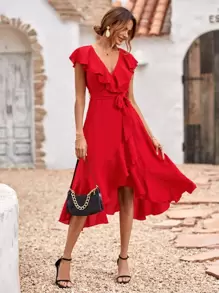 Breezaya Solid Ruffle Trim Belted Wrap Dress For New Year Clothes Maxi Vacation Beach Outfits Women