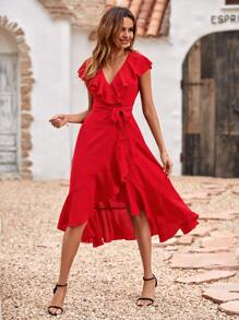 Breezaya Solid Ruffle Trim Belted Wrap Dress For New Year Clothes Maxi Vacation Beach Outfits Women