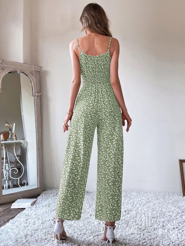 SHEIN Privé Ditsy Floral Tie Front Shirred Waist Cami Jumpsuit SHEIN UK