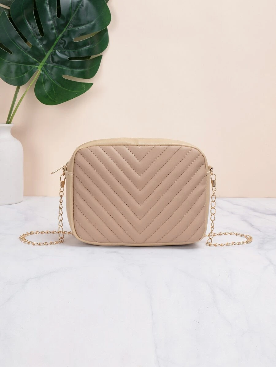 Women's Fashionable Simple Solid Color V-Patterned Zipper Chain Shoulder Bag - Apricot - View 1