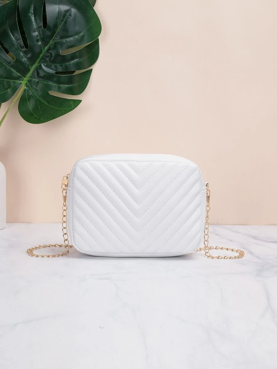 Women's Fashionable Simple Solid Color V-Shaped Stripe Zipper Chain Square Bag - White - View 1