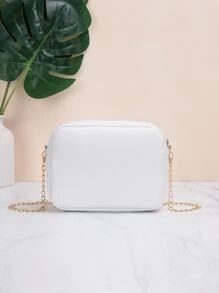 Women's Fashionable Simple Solid Color V-Shaped Stripe Zipper Chain Square Bag - White - View 2