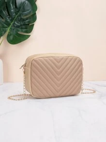 Women's Fashionable Simple Solid Color V-Patterned Zipper Chain Shoulder Bag - Apricot - View 3