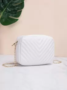 Women's Fashionable Simple Solid Color V-Shaped Stripe Zipper Chain Square Bag - White - View 3