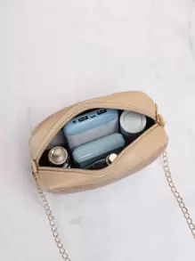 Women's Fashionable Simple Solid Color V-Patterned Zipper Chain Shoulder Bag - Apricot - View 4