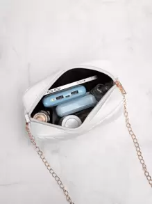 Women's Fashionable Simple Solid Color V-Shaped Stripe Zipper Chain Square Bag - White - View 4