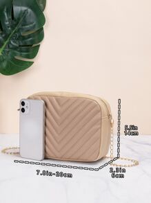 Women's Fashionable Simple Solid Color V-Patterned Zipper Chain Shoulder Bag - Apricot - View 5