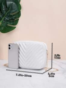 Women's Fashionable Simple Solid Color V-Shaped Stripe Zipper Chain Square Bag - White - View 5