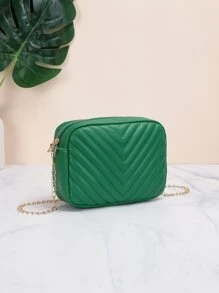 Women's Fashionable Simple Solid Color V-Pattern Zipper Chain Square Handbag