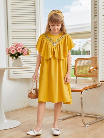 SHEIN Girls Floral Embroidery Ruffle Trim Dress