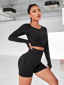 Easithlete Bộ đồ tập yoga thể hình liền mạch 2 món, khoét lỗ ngón tay cái, hở lưng, ôm sát hông, quần short tập luyện cho nữ - màu đen - Xem 3