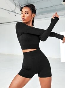 Easithlete Bộ đồ tập yoga thể hình liền mạch 2 món, khoét lỗ ngón tay cái, hở lưng, ôm sát hông, quần short tập luyện cho nữ - màu đen - Xem 4