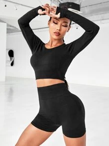 Easithlete Bộ đồ tập yoga thể hình liền mạch 2 món, khoét lỗ ngón tay cái, hở lưng, ôm sát hông, quần short tập luyện cho nữ - màu đen - Xem 5