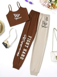 Girls Butterfly & Letter Graphic Cami Top & Two Tone Joggers - Multicolor - View 1