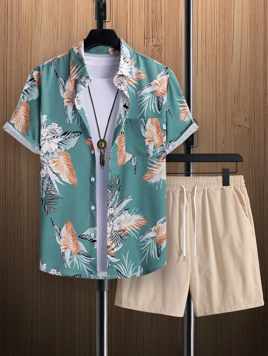 Manfinity Men Tropical Print Shirt & Drawstring Waist Shorts - Multicolor - View 1
