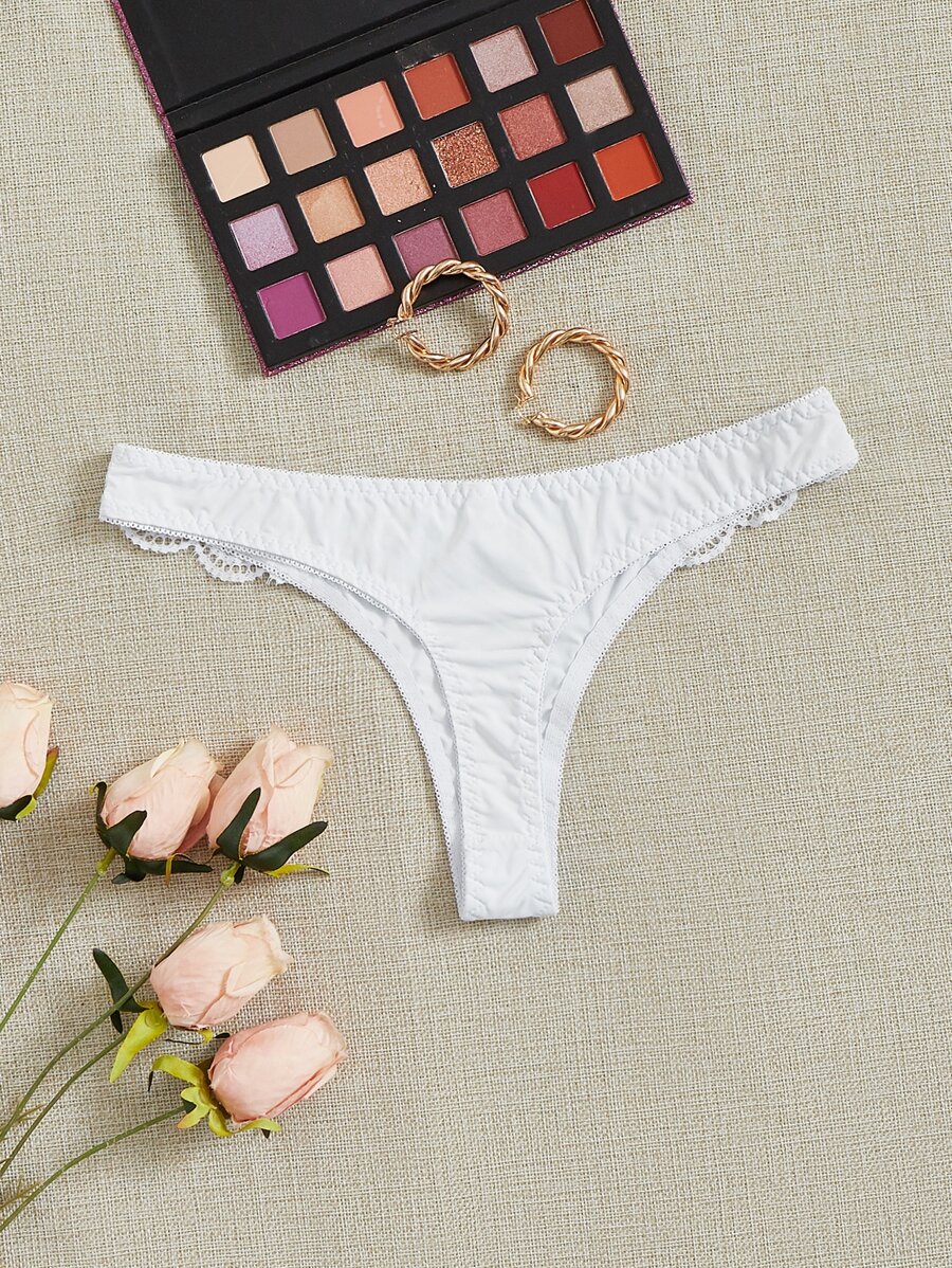Women's White High Stretch Fabric Thong With Contrast Lace Detail Casual Panties - White - View 1