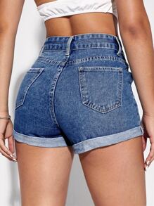 Shorts en mezclilla bajo de doblez - Azul lavado oscuro - Ver 2