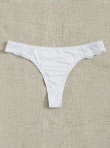 Women's White High Stretch Fabric Thong With Contrast Lace Detail Casual Panties - White - View 2
