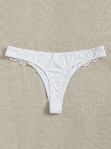 Women's White High Stretch Fabric Thong With Contrast Lace Detail Casual Panties - White - View 3