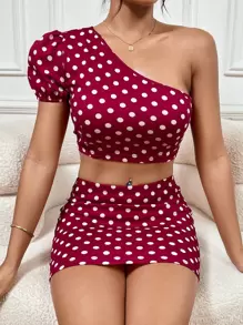 SHEIN Privé 波卡圓點單肩泡泡袖短款上衣帶迷你半身裙 - 紅色 - 查看 1