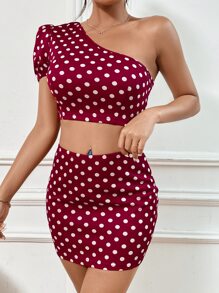 SHEIN Privé 波卡圓點單肩泡泡袖短款上衣帶迷你半身裙 - 紅色 - 查看 4