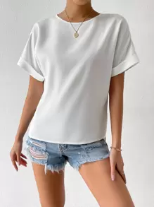 SHEIN Essnce Solid Batwing Sleeve Key Hole Back Blouse,Short Sleeve Tops - White - View 5