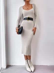 Firerie Square Neck Raglan Sleeve Slit Back Jumper Dress Without Belt - Apricot - View 3
