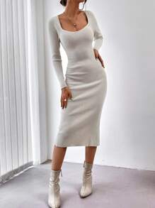 Firerie Square Neck Raglan Sleeve Slit Back Jumper Dress Without Belt - Apricot - View 4