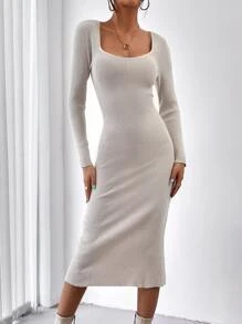 Firerie Square Neck Raglan Sleeve Slit Back Jumper Dress Without Belt - Apricot - View 6