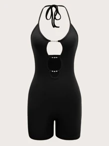 SHEIN ICON Đơn vị Nữ Lộ Lưng Chuỗi Cắt ra Pha lê kim cương Gân đan màu trơn - màu đen - Xem 1