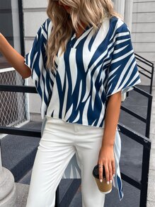 SHEIN Unity Blusa de rayas de cebra de manga murciélago - Azul y blanco - Ver 5