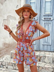 Floral Print Guipure Lace Panel Ruffle Sleeve Knot Front Romper - Multicolor - View 4