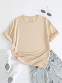 SHEIN Essnce Solid Round Neck Tee - Apricot - View 1