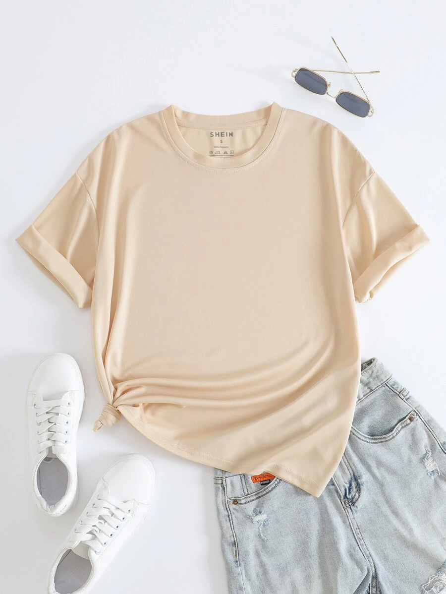 SHEIN Essnce Solid Round Neck Tee - Apricot - View 1