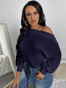 SHEIN Privé 華夫格針織不對稱領抽繩下擺T恤 - 藏蓝色 - 查看 4
