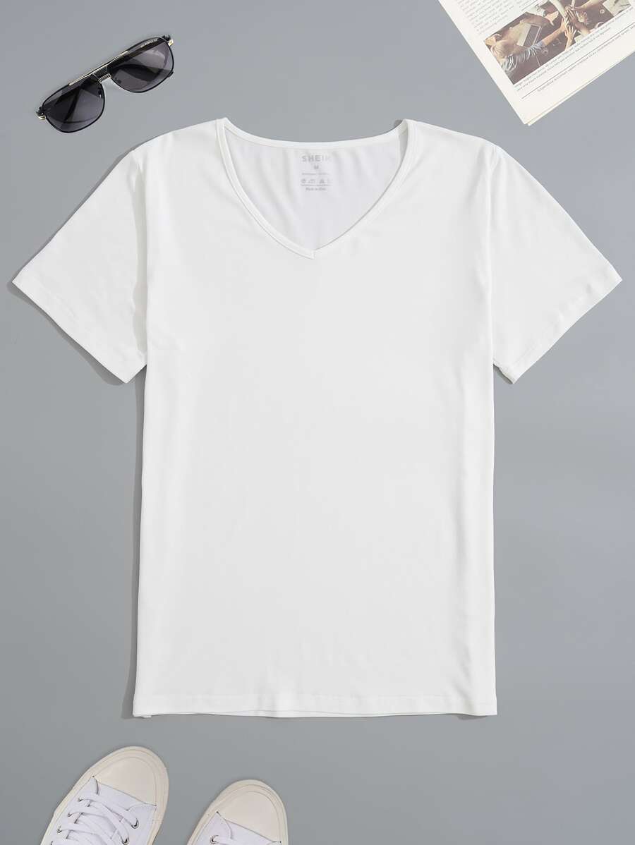男士素色V領T恤 - 白色 - 查看 1
