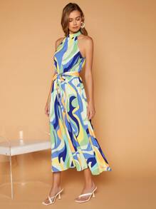 滿版印花腰帶掛脖連衣裙 - 彩色 - 查看 4