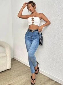 SHEIN Essnce Cut Out Front Crop Tube Top - White - View 4