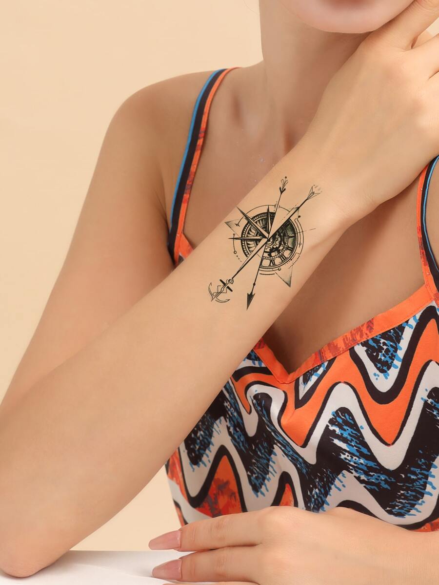 2 feuilles Sticker de tatouages à motif d'ancre - Noir - Voir 1