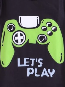 年輕男孩遊戲手柄和標語圖形合身睡衣套裝 - 黑色 - 查看 3