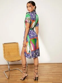 SHEIN BAE Đầm Thắt nút Trọn gói Chắp vá Boho - Nhiều màu - Xem 2
