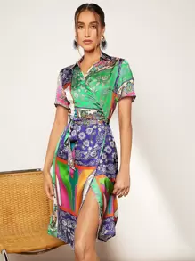 SHEIN BAE Đầm Thắt nút Trọn gói Chắp vá Boho - Nhiều màu - Xem 3
