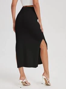 SHEIN Essnce Split Thigh Knit Skirt - Black - View 2