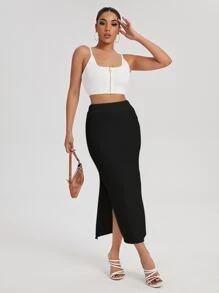 SHEIN Essnce Split Thigh Knit Skirt - Black - View 3