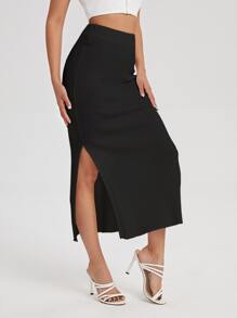 SHEIN Essnce Split Thigh Knit Skirt - Black - View 4